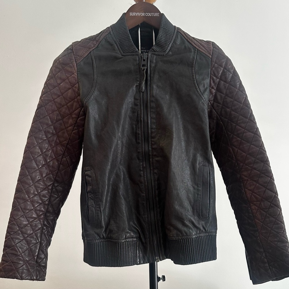 All Saints Black Leather Bomber Jacket with Quilted Brown Sleeves